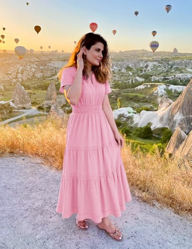 Image of ZESICA Women's Summer Casual Short Sleeve Midi Dresses 2026 V Neck Elastic Waist Tiered Flowy Boho Dress with Pocket