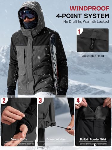 FREE SOLDIER Herren Wasserdichte skijacke Warme Verdickt Gefüttert Winterjacke mit Abnehmbarer Kapuzen vollständig abgedichteten Nähten