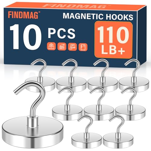 Image of FINDMAG 10 Pack Magnetic Hooks for Cruise Cabins, 110LB+ Magnet Hooks | Heavy Duty Magnetic Hooks Neodymium for Office, Ship, Grills, Refrigerator, Kitchen, Cruise Essentials 2026, Silver