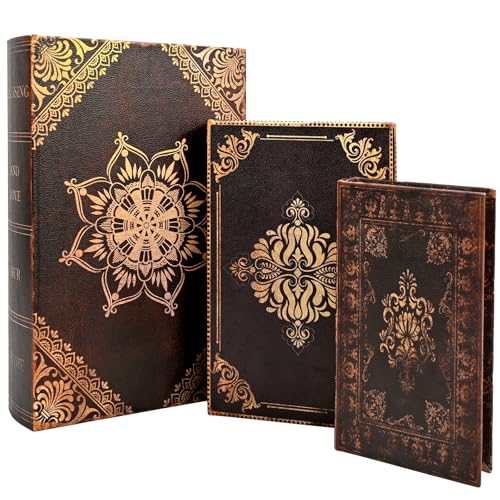 Vintage Book Box Set of 3, Faux Leather Decorative Antique