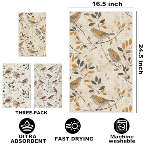Image of Hanamiya Na 3 Pcs Vintage Birds Kitchen Towels, Vintage Artistic Decorative Absorbent Microfiber Dish Cloth Tea Towel, Durable Hand Towels for Farmhouse Home Bathroom, Bird Gifts