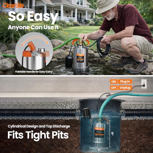 Image of Cleartide Stainless Steel Submersible Water Sump Pump with Float Switch, 3 /4 HP, 3780 GPH Ideal for Pool, Yard, Flooded Cellar & Basement, Hot Tub, Pond, and Garden Draining, 10 FT Cord