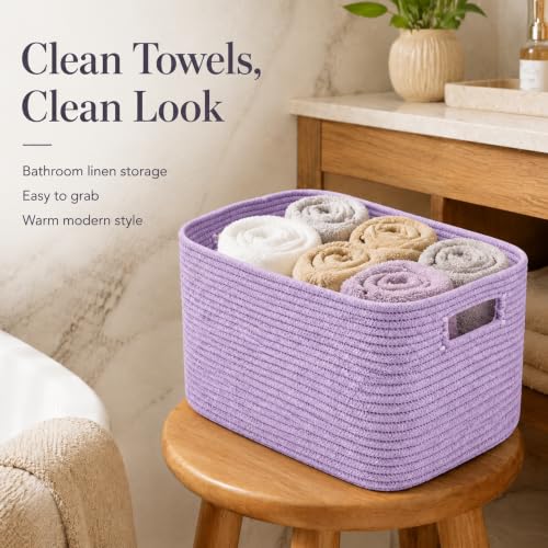 Image of 12.8GAL Kids Stuffed Animal Toy Storage Organizer, Cute Mini Nursery Laundry Basket for Baby Girls Boys Dirty Clothes, Picture Books, Small Cotton Rope Wicker Hamper for Bathroom Towels Lavender