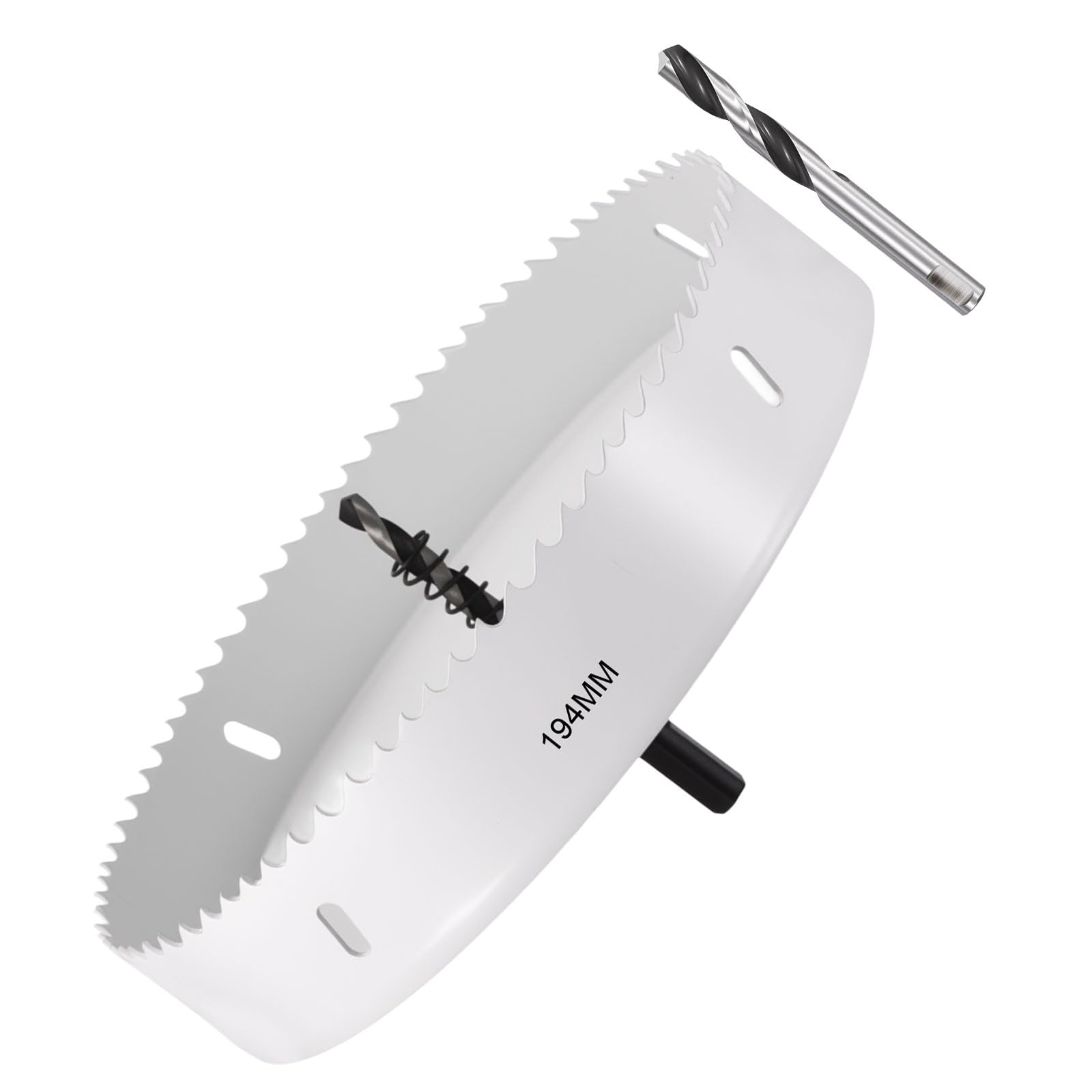 METALLIXITY Seghe Tazza Bimetallica Frese per Metallo 194mm (7-5/8"), M42 Fresatrice Foro Acciaio Rapido con Punta Centrale, Chiave Esagonale e Molla - per Lamiera, Legno, Pannelli, Bianco