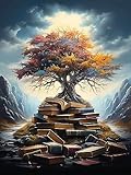 Pavemlo 5D Diamond Art Kits for Adults Book Pile Tree, Full Drill Diamond Art Life Tree Pictures Paint with Diamonds, DIY Cross Stitch Jewel Art Rhinestone Craft for Home Wall Decor 12X16 Inch
