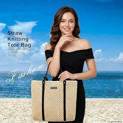 Image of Straw Bags for Women Crochet Beach Tote Bag vacation handbags Large Woven Shoulder Bag for Summer Holiday