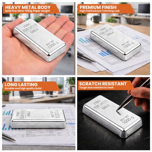 Image of ZAHEPA Realistic Metal Silver Bar Paperweight for Office Table, Fake Silver Biscuit Paper Weight Table Decoration, Prop for Jewellery Shop & Heist Theme, Unique Gift for Home & Office (Pack of 3)