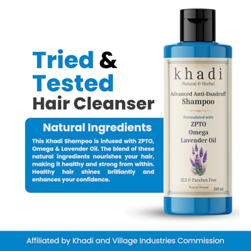Image of Khadi Advanced Anti Dandruff Shampoo with ZPTO, Omega & Lavender Oil | Khadi Natural Shampoo for Women & Men | Sulfate, SLS & Paraben Free 210 ml
