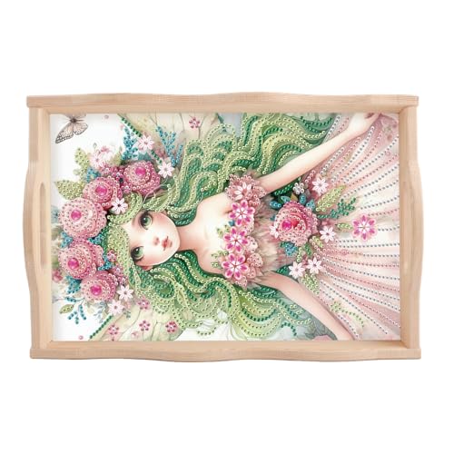 Image of DIY Diamond Painting Wooden Serving Tray with Handle, Princess Girl Design Mosaic Diamond Art Plate Kit, Creative Craft Diamond Art Tray for Coffee Table and Home Organizer