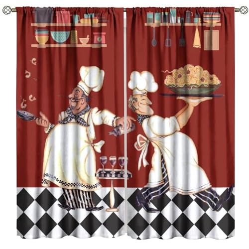 FengMingRui Chef Kitchen Curtain Abstract Funny Cook Theme Window Treatment for Bedroom Living Room Red Black Buffalo Check Plaid Decor Window Drapes 55" W X 63" L