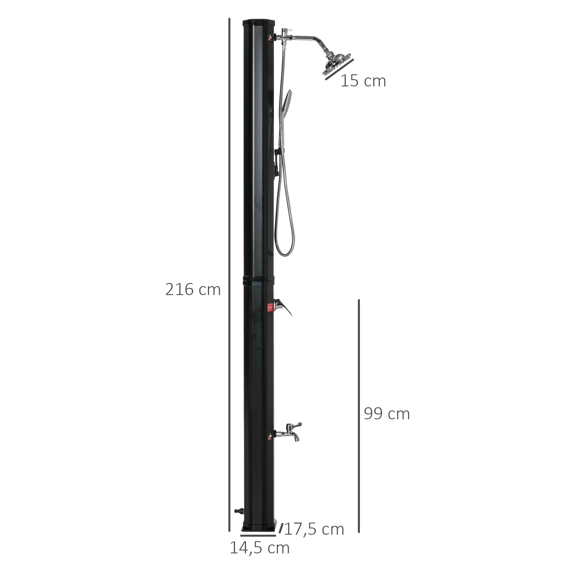 Outsunny Douche Solaire d'extérieur réservoir 35L Pression Max. 3,5 Bar - mitigeur, Grand pommeau orientable, douchette, Robinet à Pieds - Noir