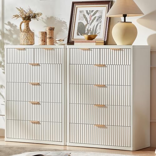 Image of LEYAOYAO Fluted 6 Drawers Dresser for Bedroom Set of 2, 42 inch Tall Modern Chest of Drawers with Metal Handle, Curved Profile Design,White Wood Drawer Organizer for Bedroom, Living Room, Hallway
