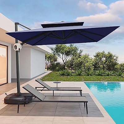 EAST OAK and Flame&Shade Patio Umbrella, 10ft Square Outdoor Umbrella, Large Offset Cantilever Umbrella with 360° Rotation, Heavy Duty Windproof and UV Resistant Double Top Umbrella for Pool and Deck, Night Blue