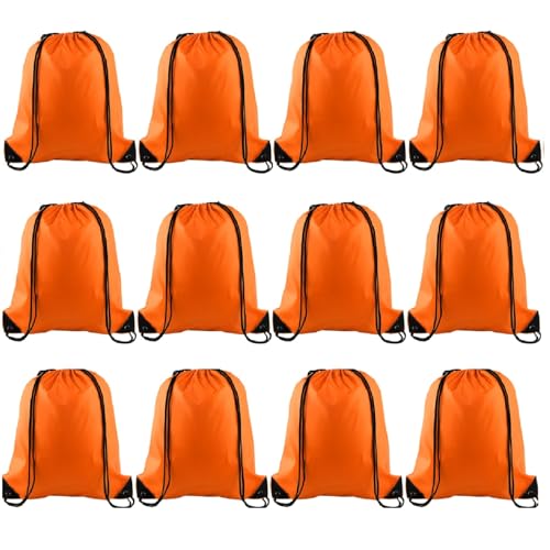 Image of KUUQA 12 Pcs Drawstring Backpack Bags Bulk Orange Drawstring Bag Foldable Gym Bag Sports Cinch Sack String Backpack Storage Bags for Women Men Shopping Gym Travel Sports