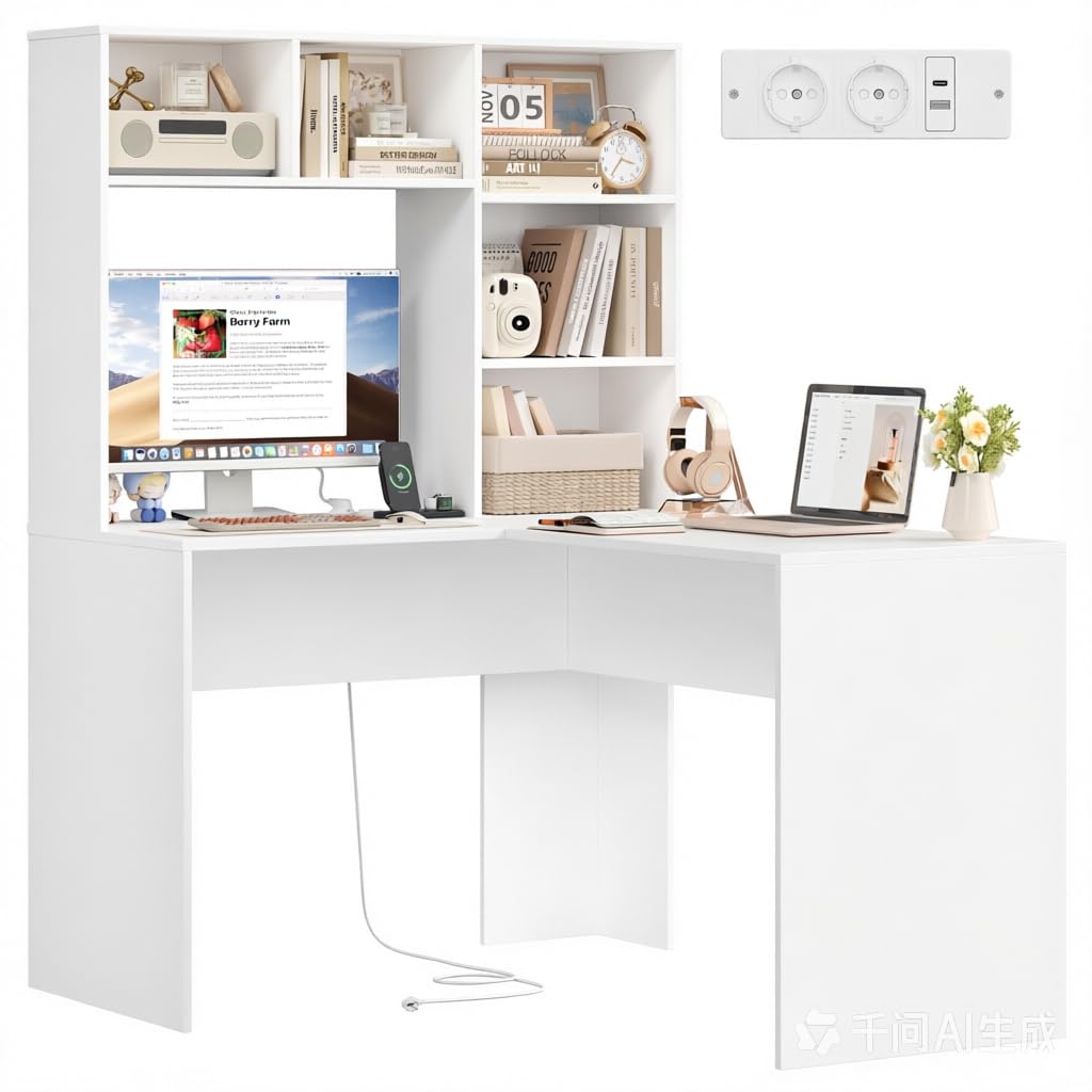FirFurd Eckschreibtisch mit Steckdosenleiste, Schreibtisch L Form, weiß | Schreibtisch mit Stauraum, Computertisch mit Bücherregal, Eckschreibtisch für Homeoffice, Büro, Arbeitszimmer, 153x125x108cm