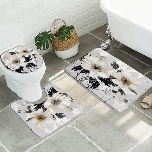 3pcs Black and White Floral Bathroom Sets with Non-Slip Rug,Toilet Lid Cover and Bath Mat,Vintage Abstract Grey Daisy Ink Painting Floral Rustic Boho Wildflowers Bathroom Carpet Bath Mat Toilet Rugs