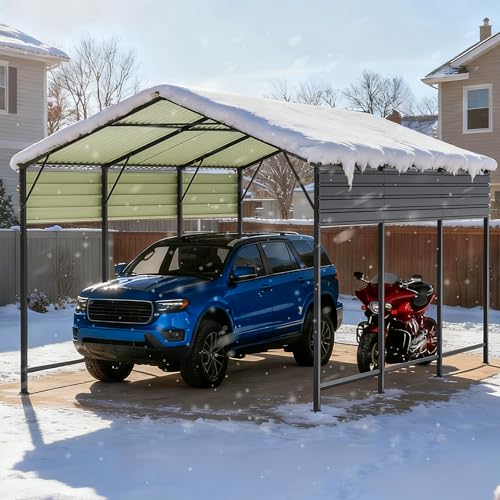 Image of Greesum 10x15FT Metal Carport with Heavy Duty Frame and Galvanized Steel Roof, Vertical Carports with Side Support Rods, Canopy Shelter for Car, Pickup Trucks, Party, Boats, Gray