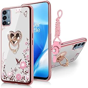 B-wishy for Oneplus Nord N200 5G Case for Women, Glitter Crystal Butterfly Heart Floral Slim TPU Luxury Bling Cute Girls Cover with Ring Holder Stand+Strap for Oneplus Nord N200 5G (Rose Gold)