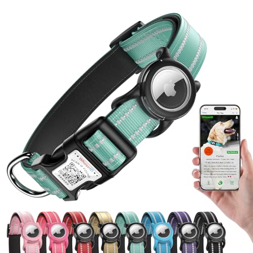 Image of Reflective Dog Collar with AirTag Holder, Waterproof Dog Collar with QR Code, Heavy Duty Adjustable Pet Collar for Small Medium Large Dogs, Teal