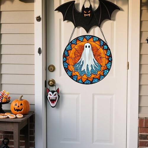 Image of Stained Glass Window Hanging - Halloween Decorations White Ghost Suncatcher for Doors Garden Indoor Spooky Funny Blue Sun Catchers Gothic Decor Horror Gifts for Women Men Friend 11.8 in