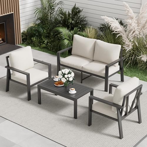 Image of 4-Piece Aluminum Outdoor Patio Furniture Sets All-Weather Patio Conversation Set Sectional Sofa with Coffee Table & Cushions with Removable Covers for for Deck Backyard Garden Poolside Balcony Porch
