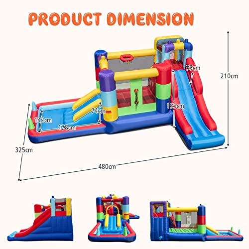 GYMAX Kids Bouncy Castle, Inflatable Jumping House with 2 Slides, Climbing Wall, Ball Pit Area and Basketball Hoop, 480 x 325 x 210cm Children Bounce Playhouse for Outdoor Indoor - Image 5