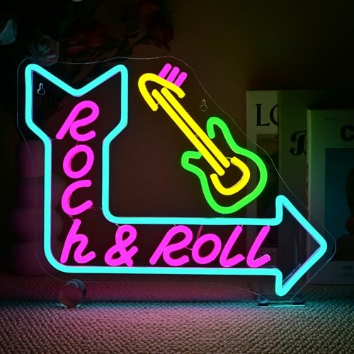 SIGNSHIP Rock&Roll Guitar Neon Led,Decorazione per la Stanza Insegna al Scritta Led, Lampada al Neon per Camera da Letto,Sala Concerti,Bar,Club,Festa,Matrimonio,Decorazione Regalo al