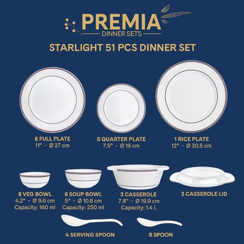 Image of Larah by Borosil 51pc Opalware Starlight Dinner Set for Family of 8 | Microwave & Dishwasher Safe Crockery Set for Dining & Gifting | Plates & Bowls