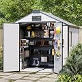 DNYKER 8 x 6 FT Resin Outdoor Storage Shed, All-Weather Plastic Garden Shed with Floor, Lockable Doors & Windows, Plastic Tool Shed for Poolside, Patio, Backyard