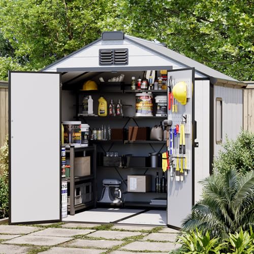 DNYKER 8 x 6 FT Resin Outdoor Storage Shed, All-Weather Plastic Garden Shed with Floor, Lockable Doors & Windows, Plastic Tool Shed for Poolside, Backyard, Patio