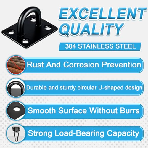 Rierousy 4 Stück Augplatte Edelstahl mit Öse und Edelstahl Karabiner, Ösenplatte Edelstahl, Deckenhaken für Wand-Befestigung, Decken-Befestigung, Wand-Haken
