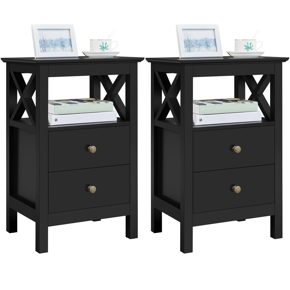 Yaheetech 2pcs Mesilla de Noche con 2 Cajones Mesita de Noche de Moderno Mesa Auxiliar Lateral para Sofá Dormitoriode Madera MDF Negro 40×30×60cm