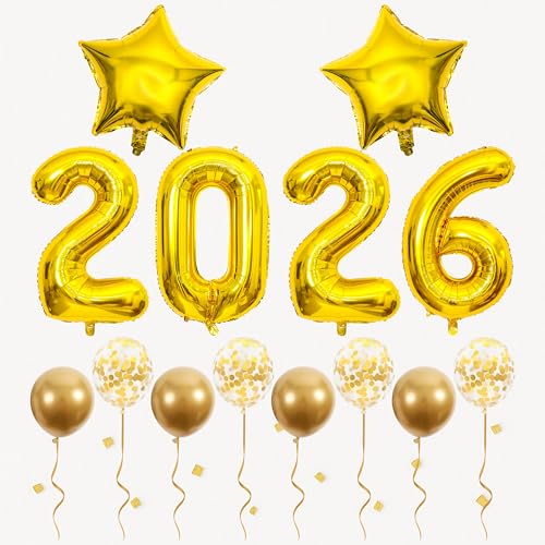 Décorations de Nouvel An 2026 en or avec ballons XXL en aluminium portant des chiffres, ballons en forme d'étoile et guirlande de confettis pour le réveillon du Nouvel An ou la fête d'anniversaire