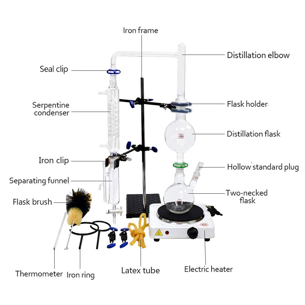 Laboratorio Vetreria Kit 500 ml Strumento di Distillazione Vetro Olio Essenziale Estrazione Purificatore con Condensatore Forno Caldo