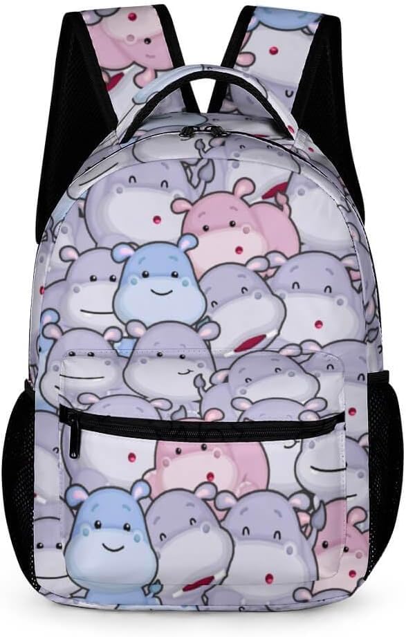 Hippo School Backpack for Kids Girls Boys, 16 Inch Cute Hippos Themed Bookbag, Personalized School Backpack for Students Children, Lightweight, Large Capacity