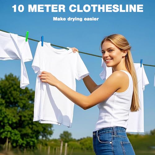 Image of HASTHIP 10m Clothes Drying Rope - Heavy Duty Polyester Cloth Rope for Drying Clothes with Hook 10mm Steel Core Clotheslines Wire Cloth Dry Ropes Wire, Army Green