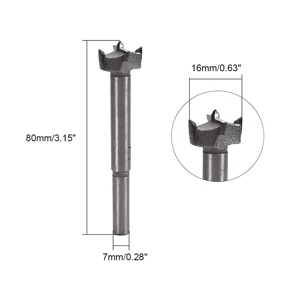 Wenheww 1Pc Forstner Drill Bits, 16mm/0.63" Cemented Carbide Wood Cutter Tool, Woodworking Hole Saw Drilling Tool, 80mm Length 7mm Round Handle Dia Cutter for Wood Plastic Plywood, Gray