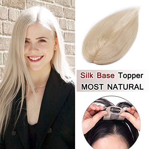 100% Density Top Hair Pieces Silk Base Crown Topper Human Hair Clip in Hair Toppers Top Hairpieces for Women with Thinning Hair Gray Hair/Hair Loss#60 Platinum Blonde 6 inches 15g