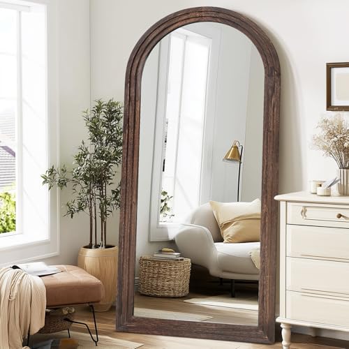 Image of 71x32 Arched Full Length Mirror, Solid Wood 3 Layer Frame, Brown