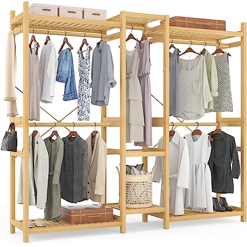 Homykic Bamboo Closet System Clothes Rack, Large Freestanding Garment Rack Clothing Rack for Hanging Clothes with 7 Storage Shelves and 5 Rods, Open Wardrobe Organizer with 4 Hooks, Natural