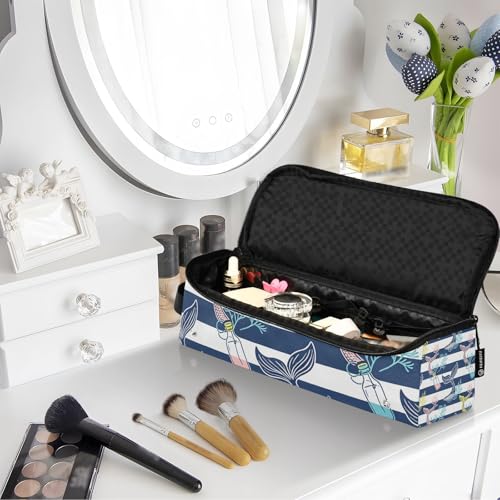 Bolsa de viaje para herramientas de cabello con tapete resistente al calor, organizador removible para planchas y rizadores, diseño azul rayas miniatura 7