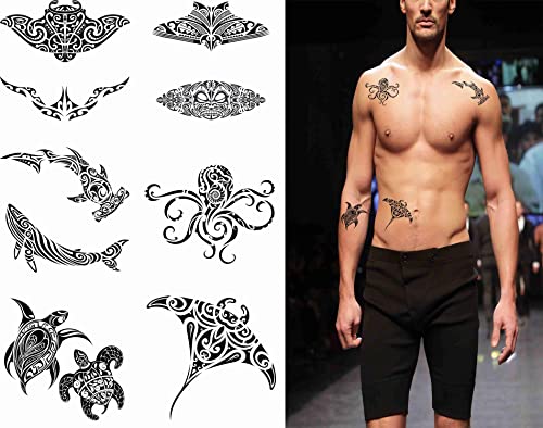 Tattoonova Maori 9 Sheets Temporary Tattoos For Adults Men Women Manta Hammer Shark Tribal Style Humpback Whale Koru Octopus Seahorse Shell Art Belly E Fake Tattoo Kits Sets Neck Arm Hands Leg #TOP27