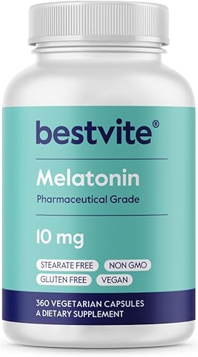 Bestvite Melatonina 10 mg - 360 cápsulas vegetales - Sin estearatos - Sin sucralosa, sin dextrosa, sin dióxido de silicona, sin manitol - Vegano -