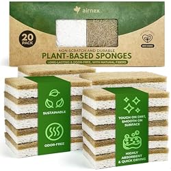 AIRNEX Natural Kitchen Sponges Pack of 20 - Biodegradable Cellulose and Coconut Husk Walnut Scrubbers - Odor Free Non Scratch - Eco Friendly Quick Drying Dishwashing Sponges