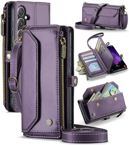 Image of FONREST Leather Purse Bag Case for Samsung-Galaxy-S24-FE, Magnetic Flip Wallet Cover with Kickstand RFID Blocking Card Holders Cash Slot Zipper Pocket Crossbody Lanyard Wrist Strap (Purple)
