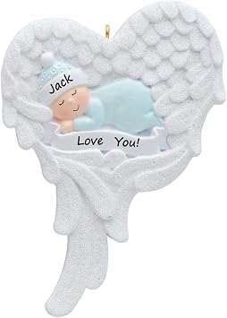 MAXORA Baby with Angel Wings Personalized Ornament Blue Baby Boy Memorial - First Christmas - Hand Personaled Christmas Ornament