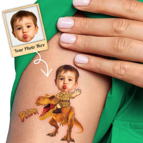 Image of Custom Funny Dinosaur Temporary Tattoos for Kids | Personalized Pre-Cut Face Photo, Birthday Party Favors for Boys, Dinosaur Lovers, Set of 20