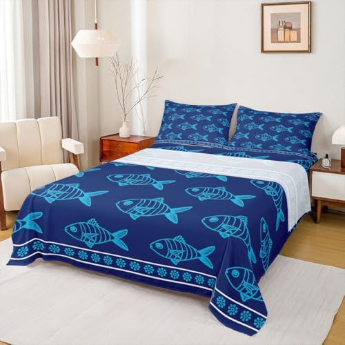 Image of jejeloiu Ocean Fish Bed Sheets Set King Size Summer Bed Set Blue Deep Pocket Fitted Sheet Sea Animal Breathable Soft Lightweight Microfiber