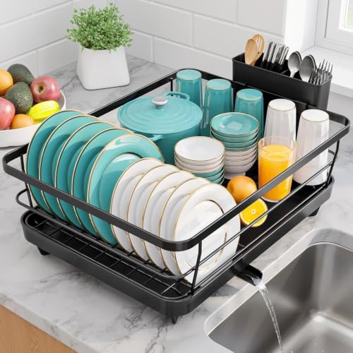 Image of Umite Chef Large Dish Drying Rack for Kitchen Counter, Black Metal Dish Drainer with Drainboard, Utensil Holder, Cup Holder, Rust Resistant Kitchen Dish Rack with Water Drain Spout for Countertop