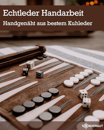 Sondergut Backgammon Brettspiel Mocca - Zum Rollen aus 100% Leder - Das Original seit 1998 Camper & Travel-Fans - 25x34cm